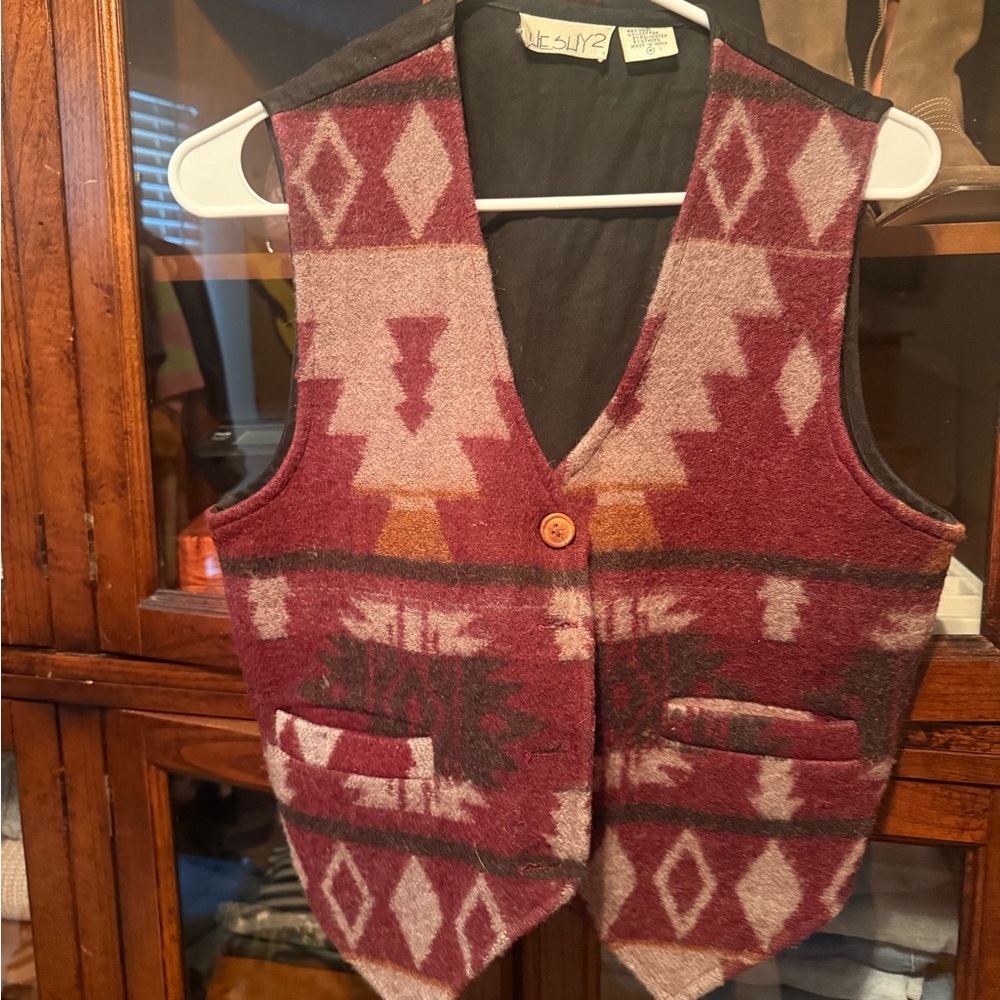 Vintage Southwestern Pattern Wool Vest in Burgundy